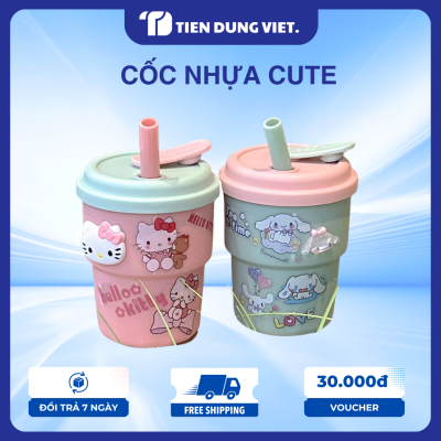 Cốc Nhựa Cute 420ML Hình Hello Kitty & Cinnamoroll Có Ống Hút Kèm Nắp, Ly Nhựa Uống Nước Cho Bé, Ly Cà Phê