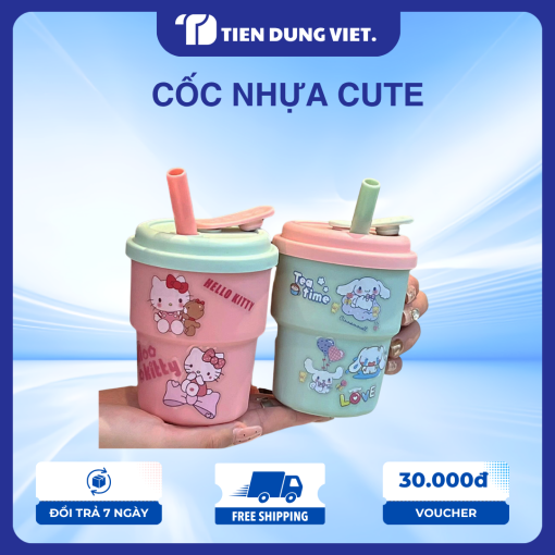 Cốc Nhựa Cute 420ML Hình Hello Kitty & Cinnamoroll Có Ống Hút Kèm Nắp, Ly Nhựa Uống Nước Cho Bé, Ly Cà Phê